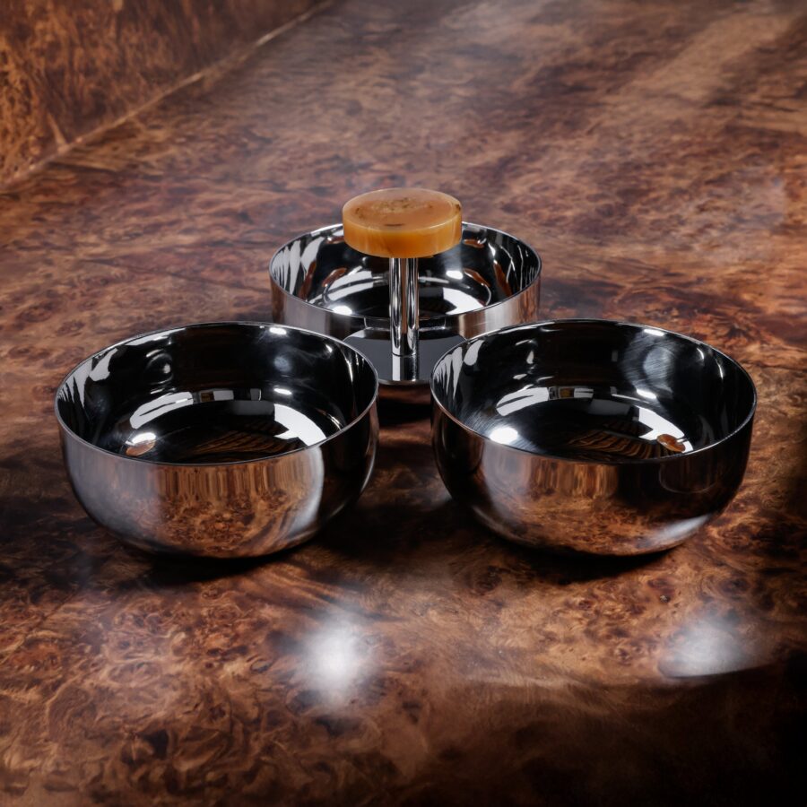 Nickel 3-Bowl Condiment Set with Amber Marble Handle