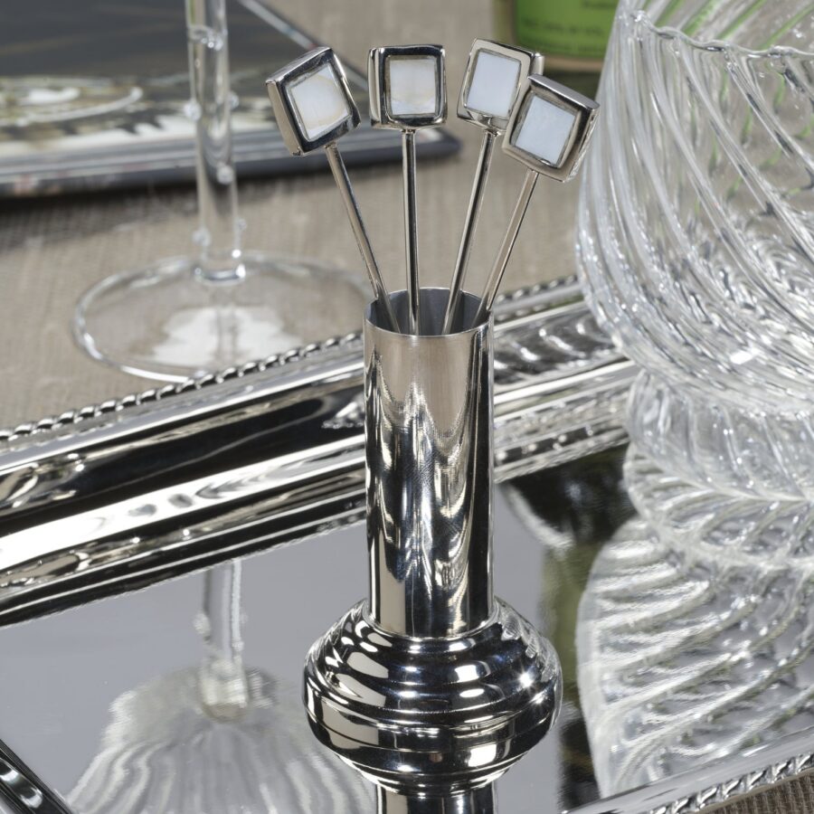 Polished Nickel Cocktail Picks with Stand Set of 4